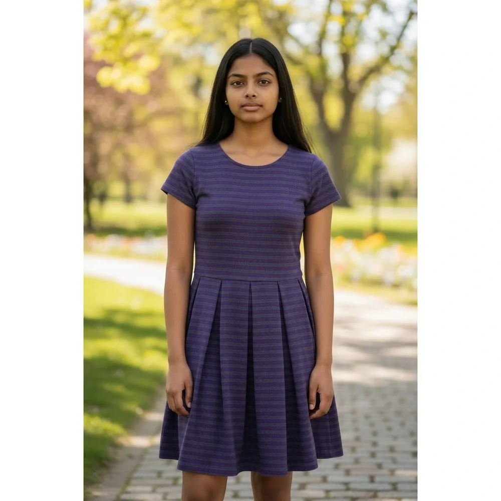 Polo Ralph Lauren Girls Purple Striped Short Sleeve Pleated Dress Sz L 12 14 NEW